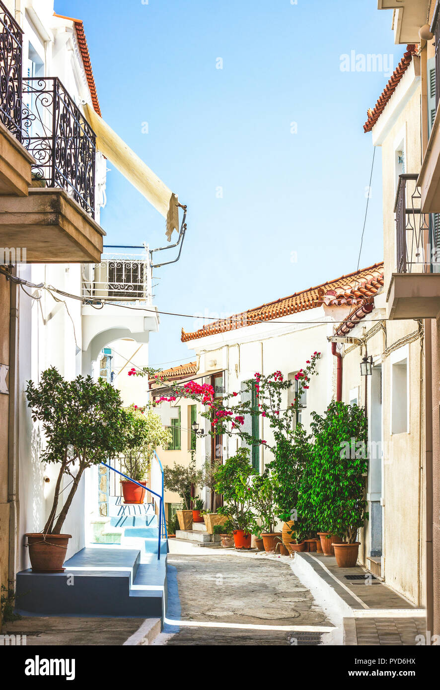 Rues étroites de la ville dans l'île de Poros Neorio, Grèce ; vieux maisons blanches avec des fleurs Banque D'Images