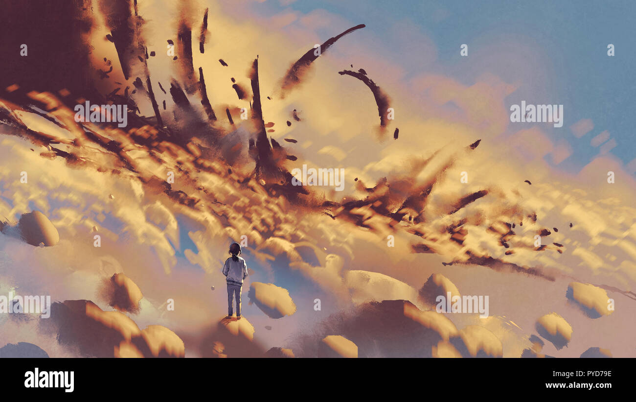 Paysage surréaliste montrant la jeune fille à la recherche de choses mystérieuses sur les nuages, de style art numérique, illustration peinture Banque D'Images