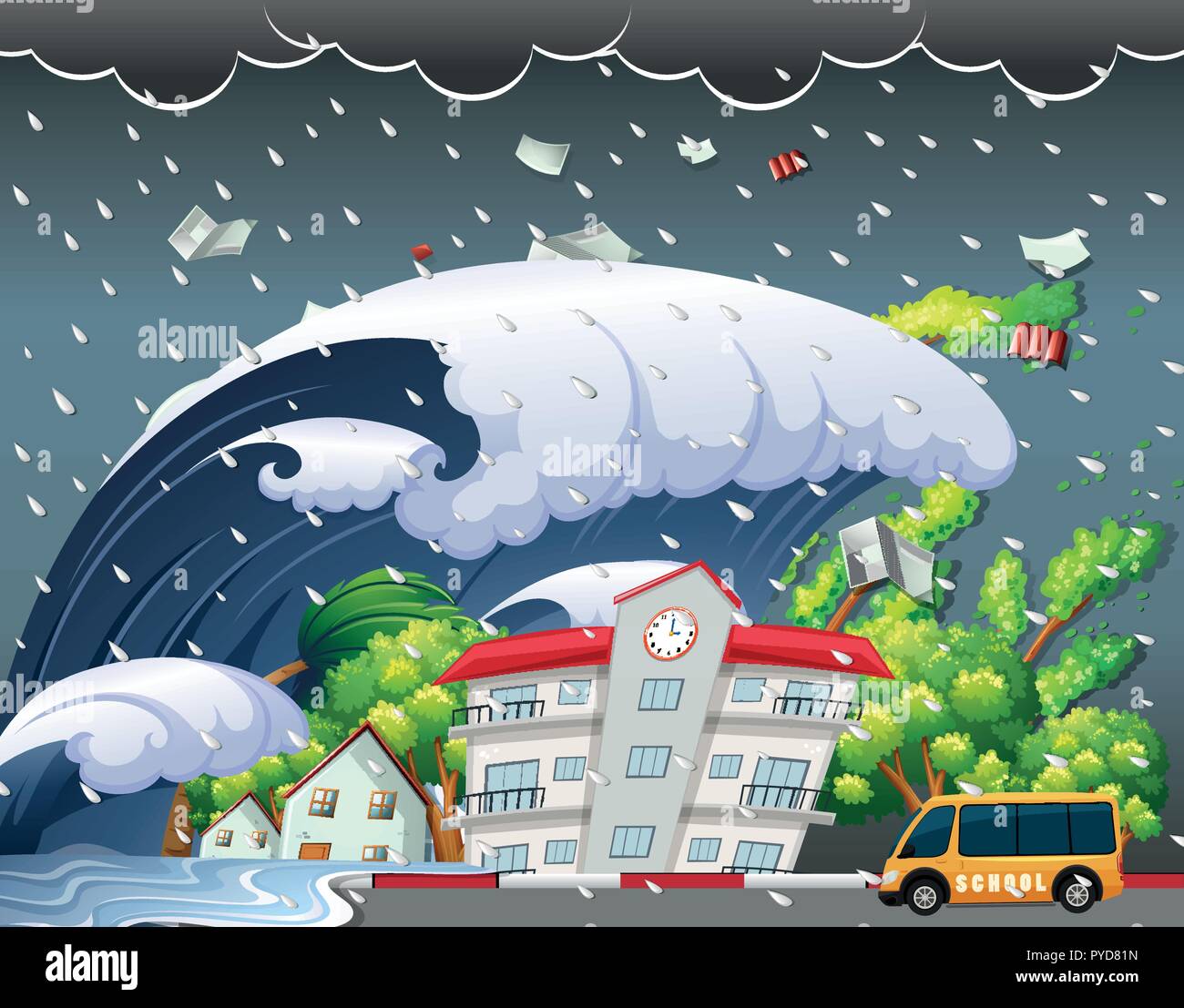 Tsunami a frappé bâtiment scolaire illustration Illustration de Vecteur