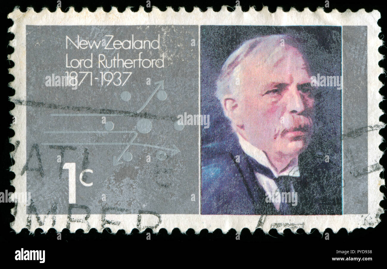 Timbre cachet de Nouvelle-Zélande dans la série Ernest Rutherford, publié en 1971 Banque D'Images