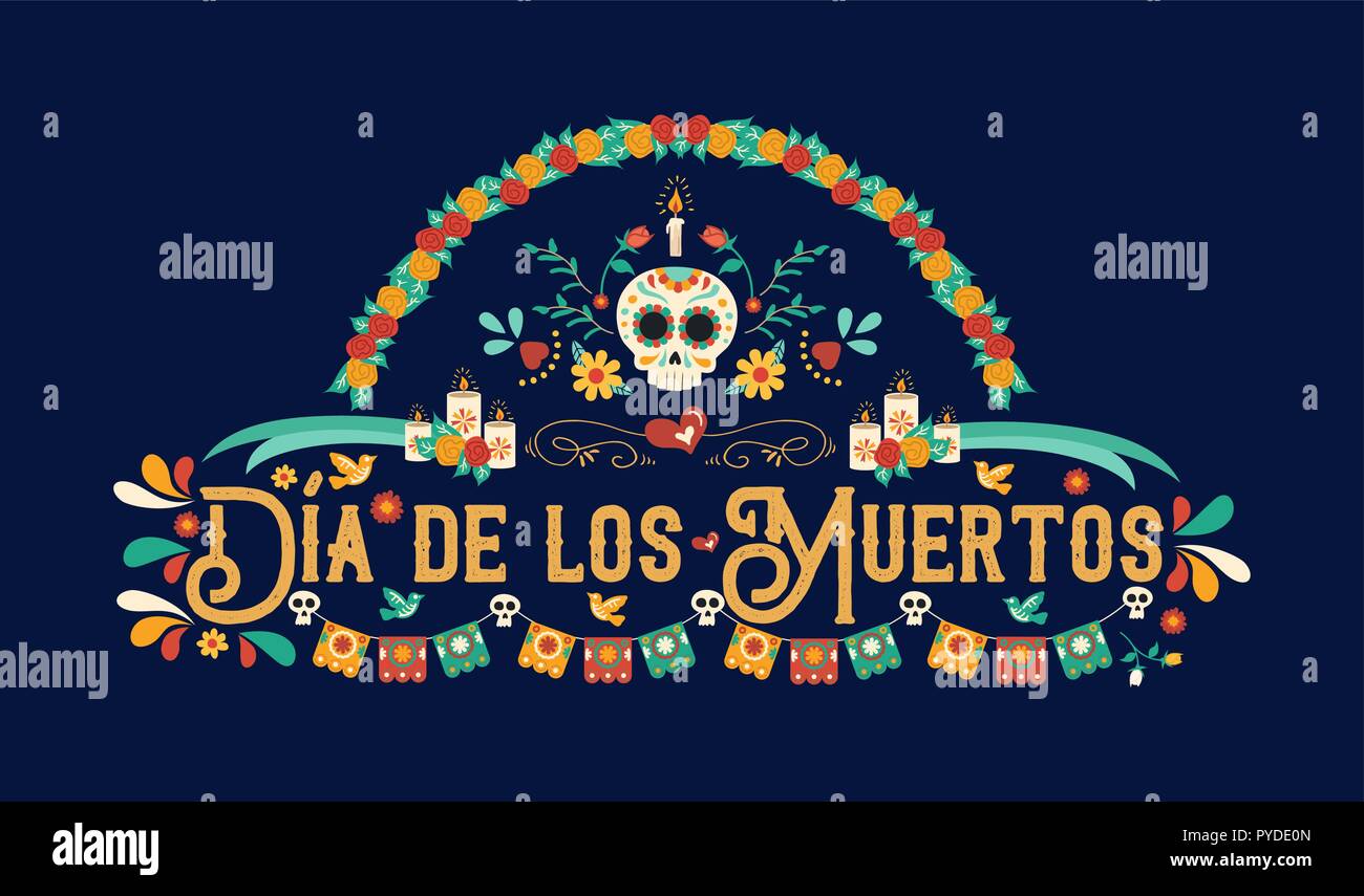 Le Jour des morts illustration de carte de vœux en langue espagnole pour la culture mexicaine traditionnelle maison de célébration avec crânes et sucre mexique decora Illustration de Vecteur