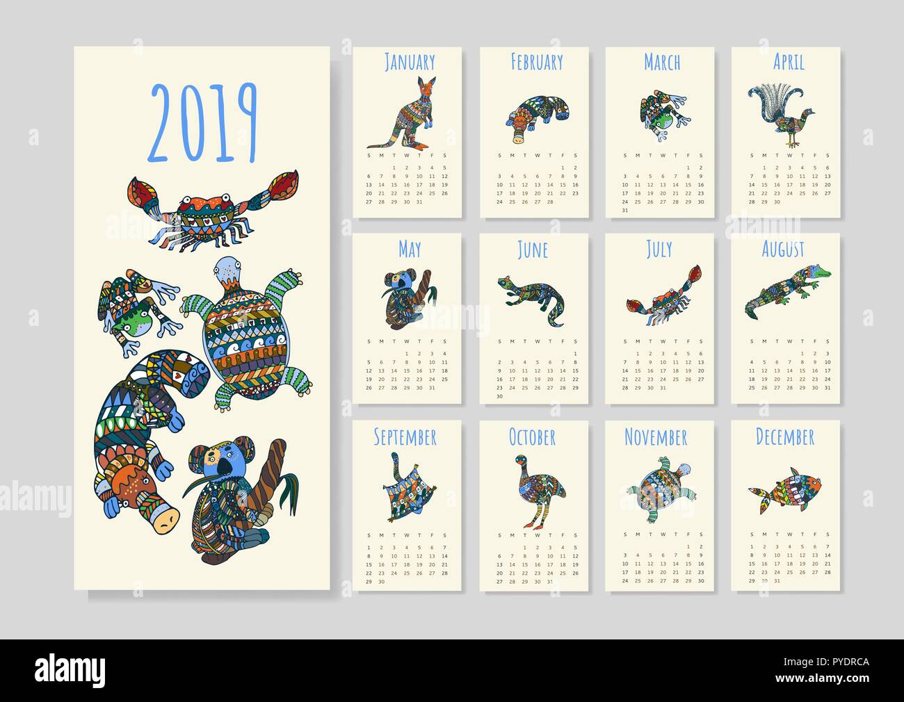 Calendrier avec les animaux australiens tribal pour l'année 2019. Nouveau calendrier avec mignon animaux australiens colorés. Illustration de Vecteur