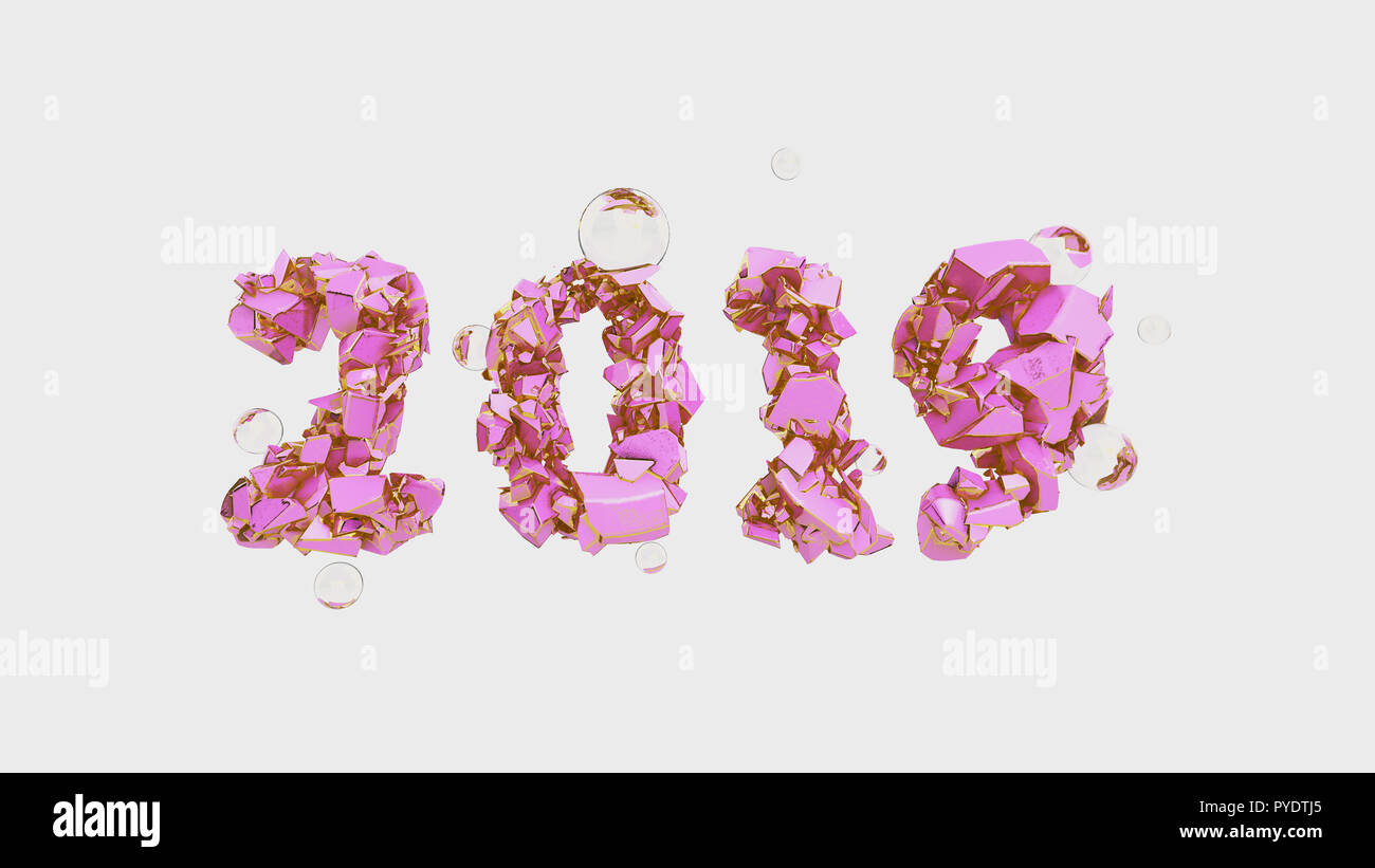 Bonne année 2019 avec bandeau couleur rose très tendance et numéros d'or faite par éclats de pierre fissurée isoler sur fond blanc avec des éclats de verre. abstract 3d illustration Banque D'Images