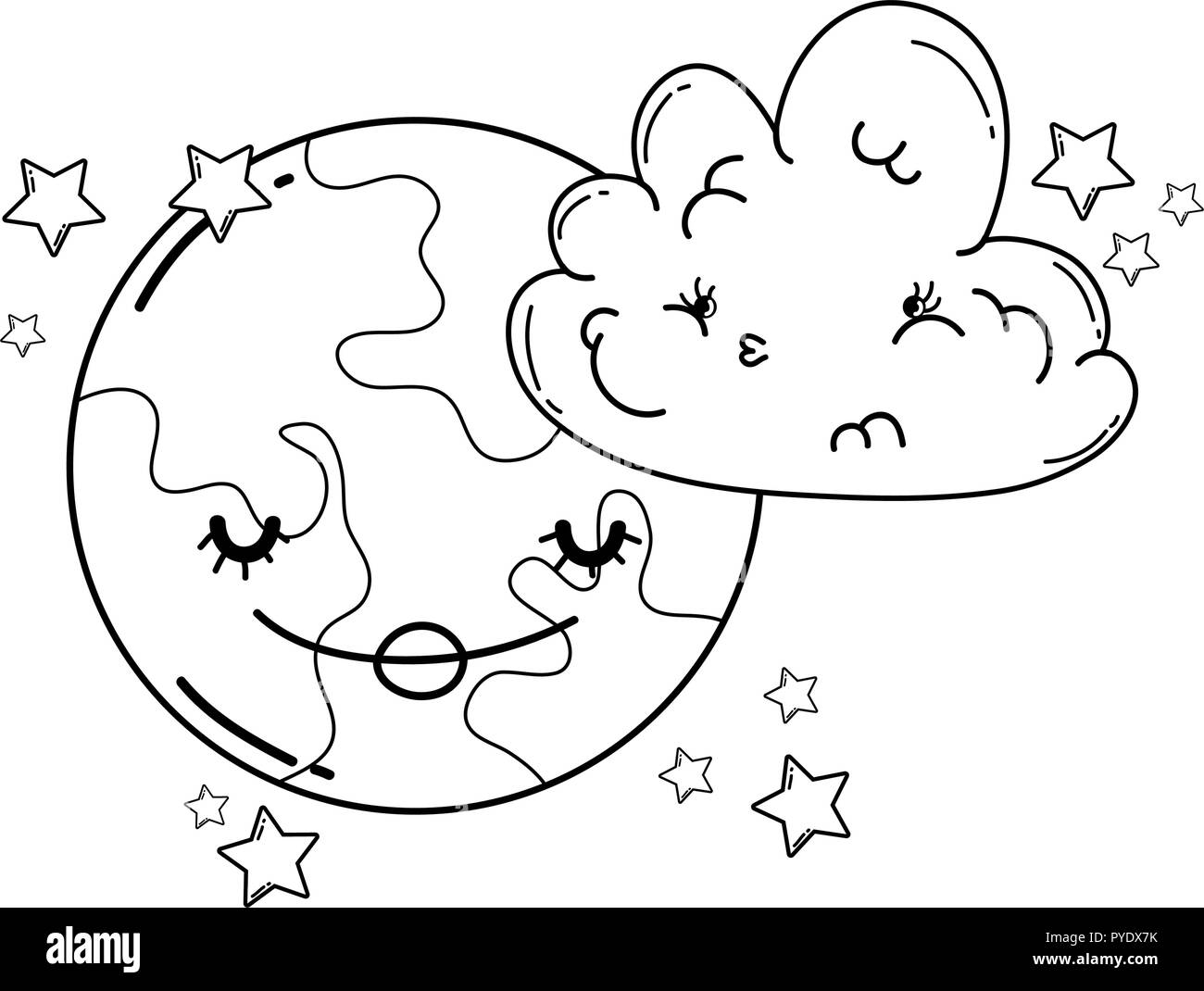 Nuages et lune cute cartoons en noir et blanc Illustration de Vecteur