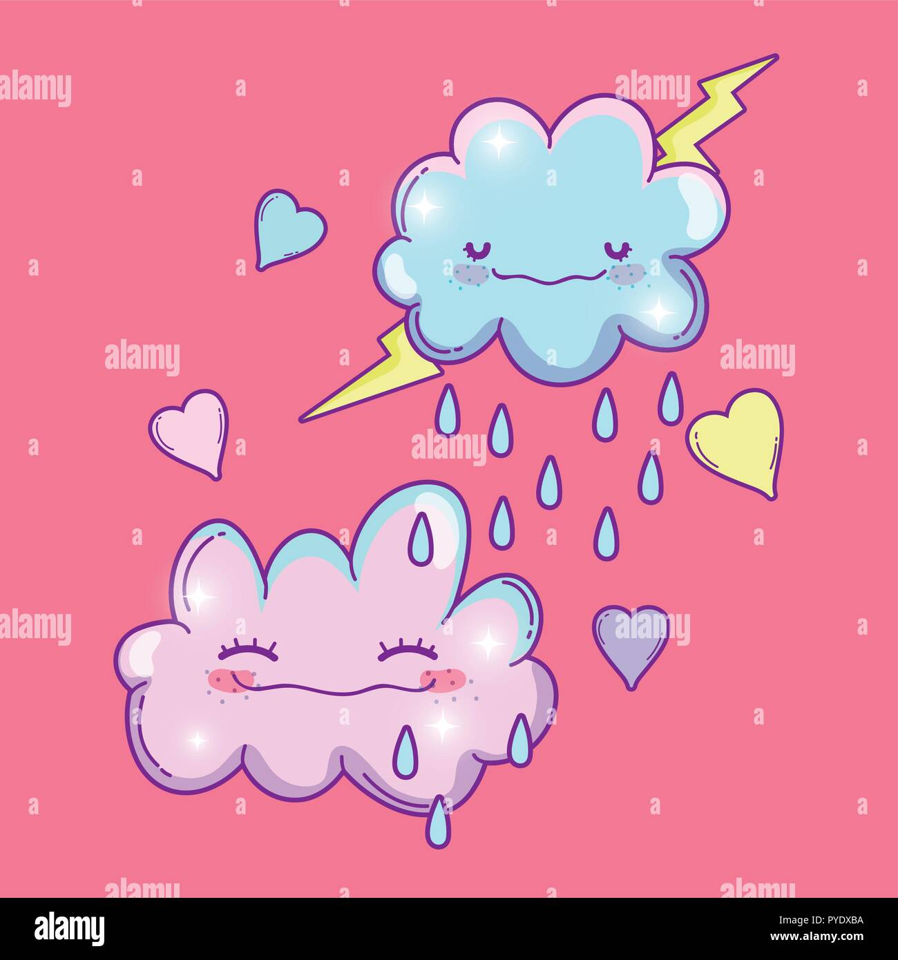 Fluffy clouds kawaii avec pluie thunder Illustration de Vecteur