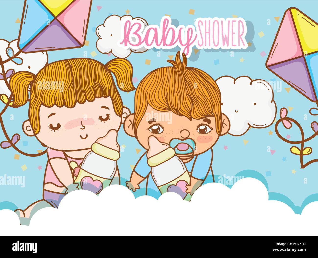 Bébé fille et garçon dans les nuages avec kites Illustration de Vecteur