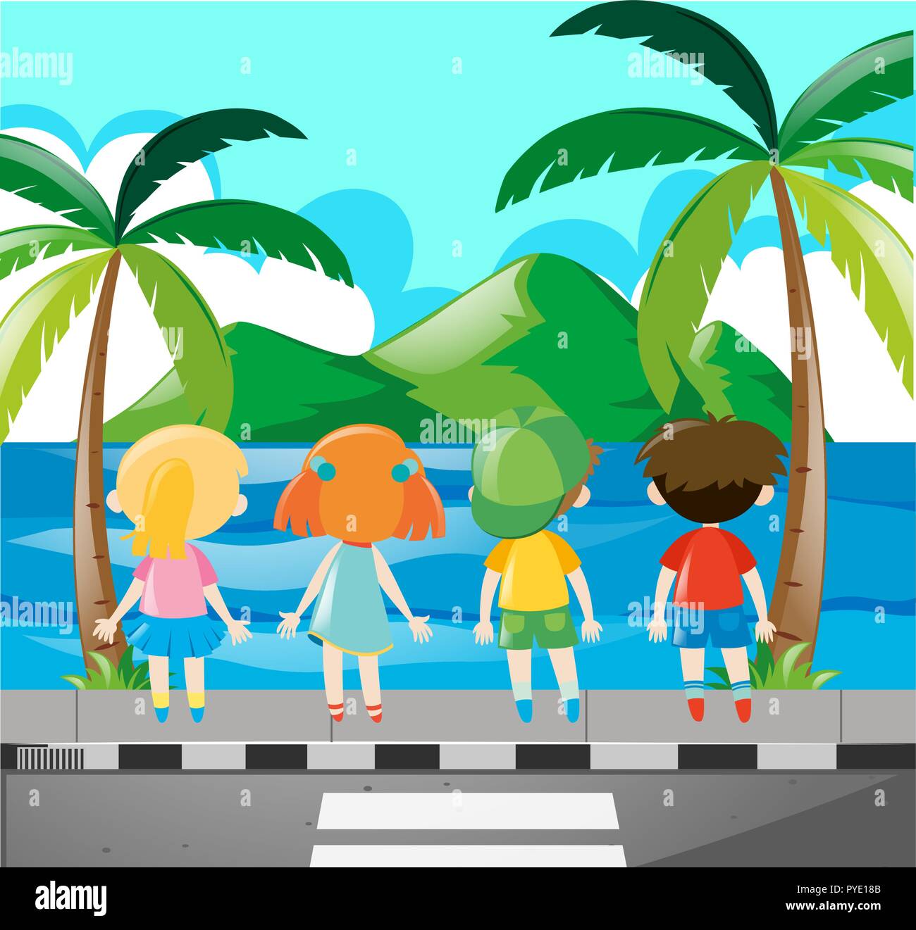 Quatre enfants à la mer à l'illustration Illustration de Vecteur