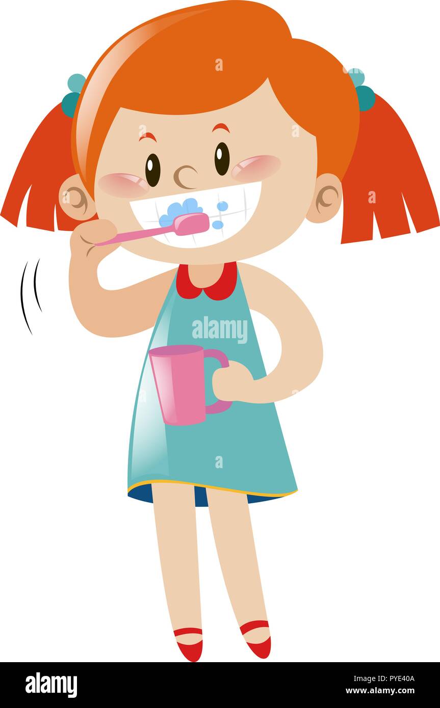 Jeune fille se brosser les dents avec une brosse à dents illustration Illustration de Vecteur