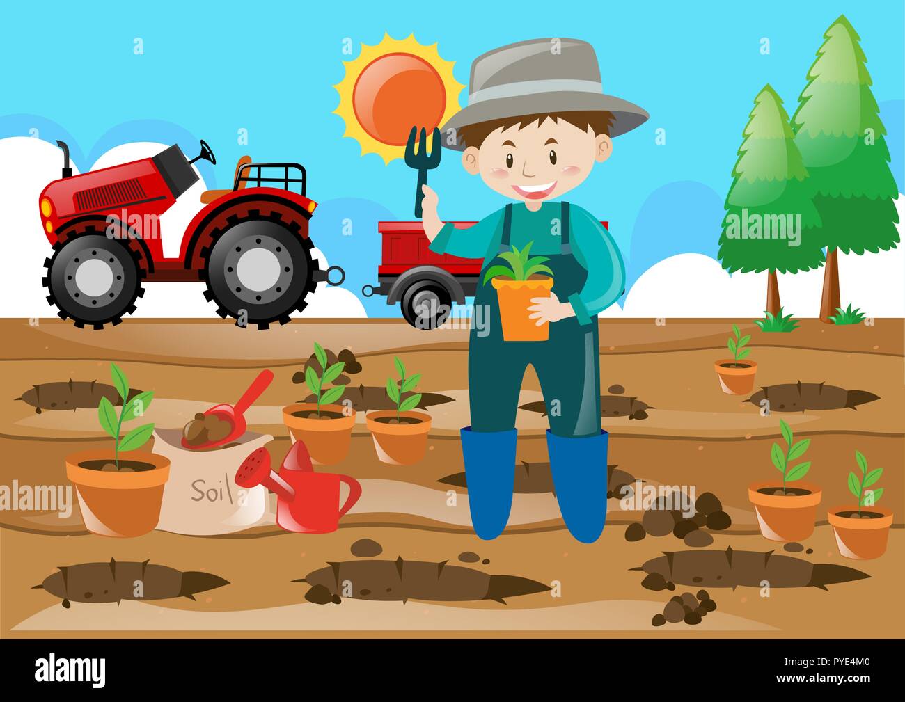 Scène agricole agriculteur la plantation d'arbre dans le domaine illustration Illustration de Vecteur