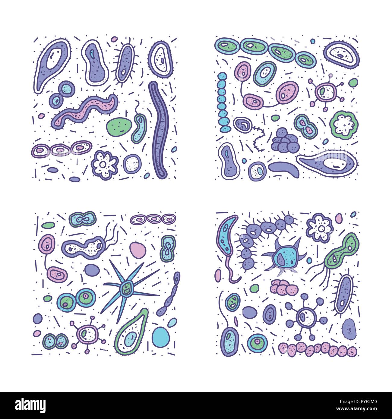 Les cellules des bactéries square des bannières. Collection de micro-organismes. Style doodle vecteur composition. Illustration de Vecteur