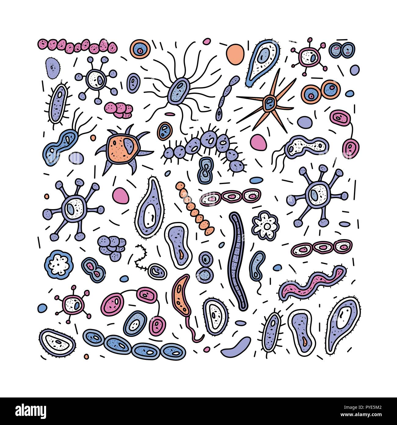 Les cellules des bactéries Vector collection. Définir la forme de micro-organismes. Carré style Doodle composition. Illustration de Vecteur