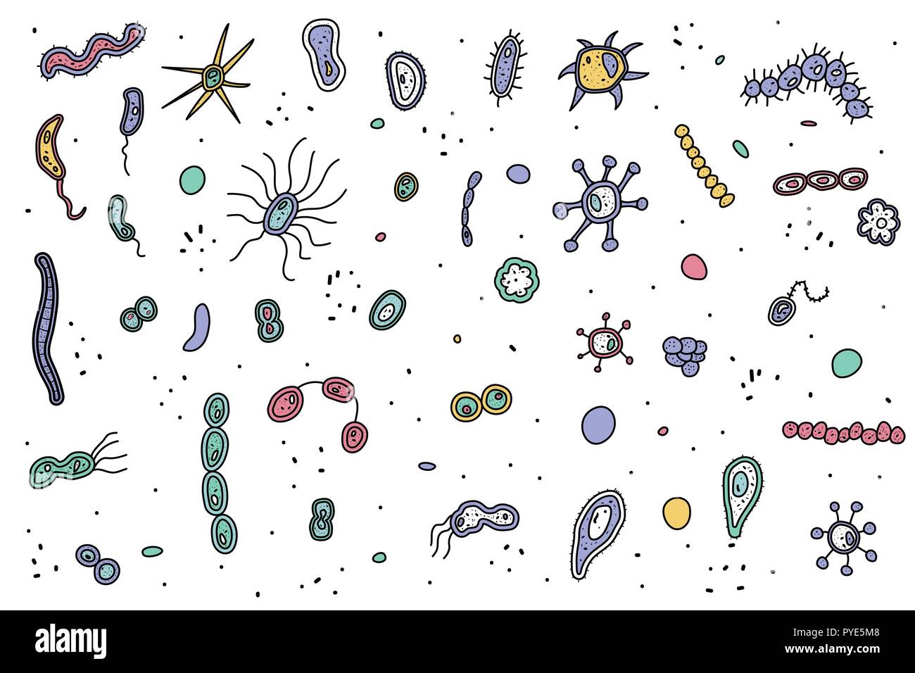 Ensemble de cellules de bactéries. Collection de micro-organisme isolé sur fond blanc. Style doodle vecteur composition. Illustration de Vecteur