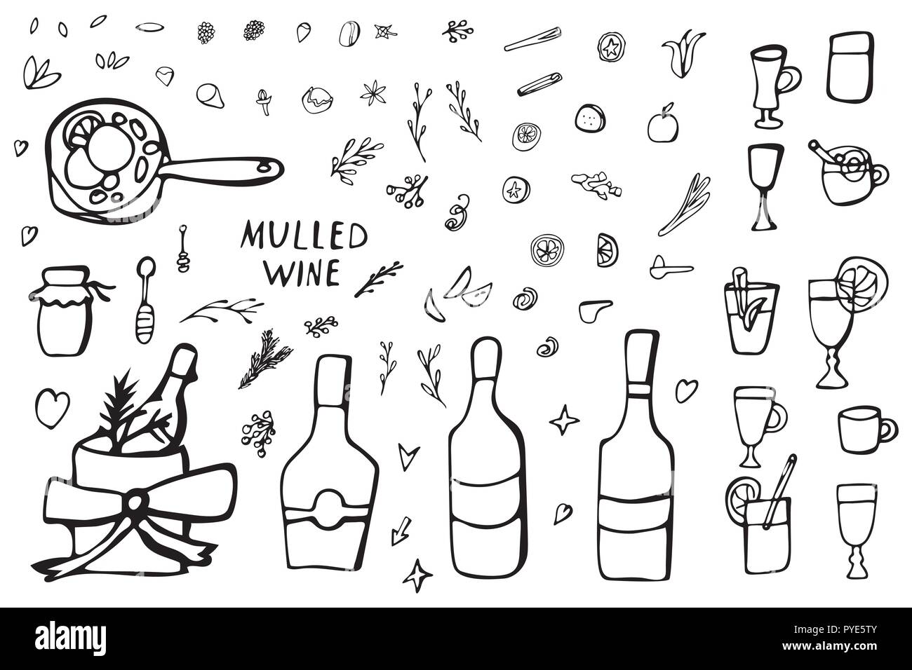 Vector set de vin chaud et d'objets. éléments croquis La composition à doodle style. Illustration de Vecteur