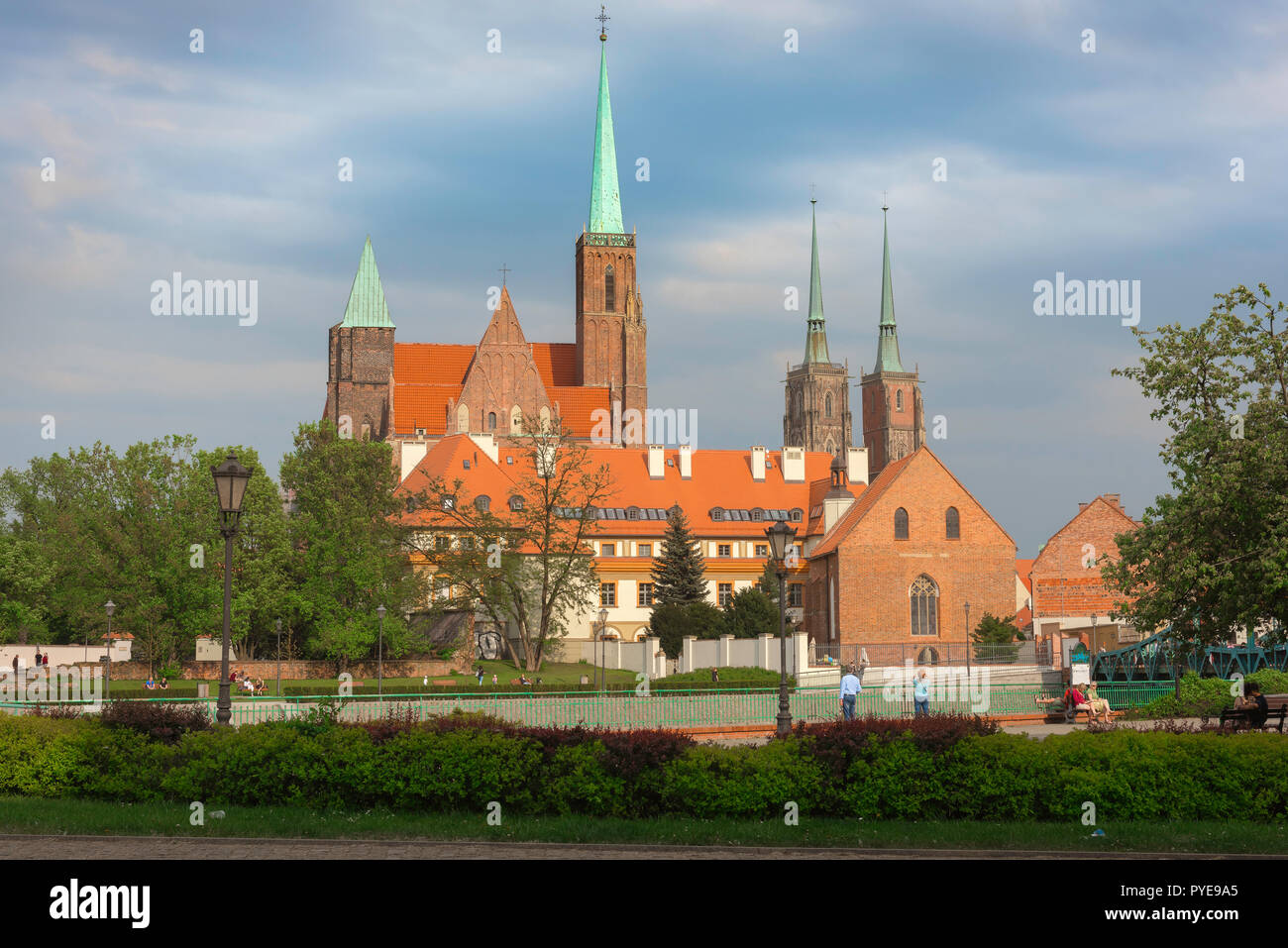 Wroclaw Pologne, vue sur les toits de l'Île Tumski avec les clochers de l'église Sainte Croix (à gauche) et de la cathédrale St Jean le Baptiste (à droite). Banque D'Images