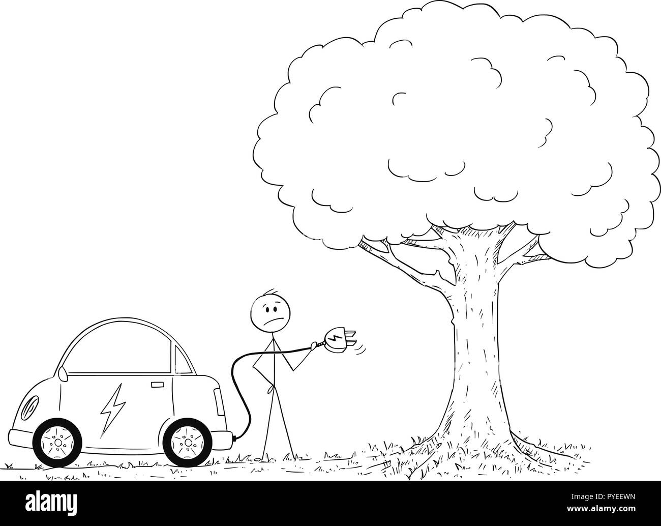 Caricature de l'homme à la mise en charge de la voiture électrique dans la nature Illustration de Vecteur