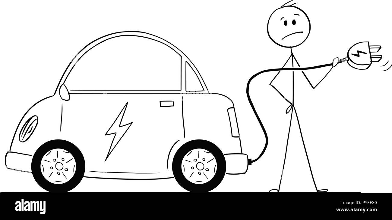 Caricature de l'homme qui veut charger sa voiture électrique Illustration de Vecteur