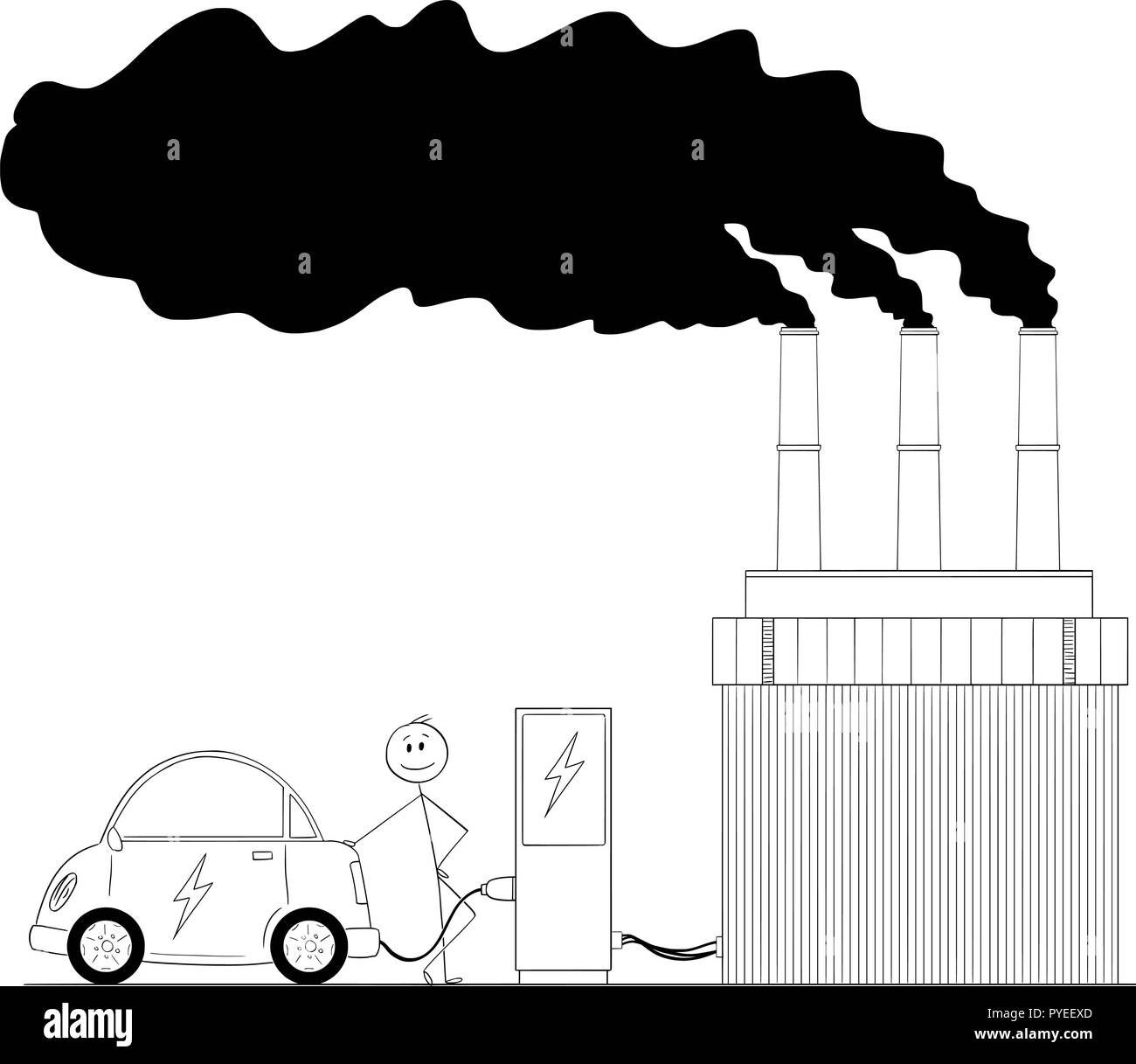 Caricature de l'homme voiture électrique de charge par le pouvoir à partir de la centrale de charbon Illustration de Vecteur