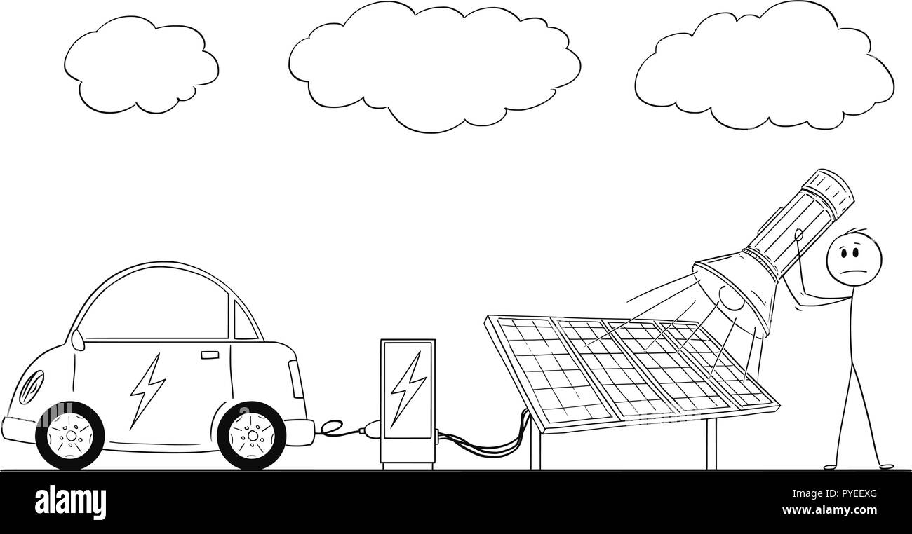 Caricature de l'homme voiture électrique de charge par le pouvoir de l'énergie solaire au cours de l'usine couvert. Illustration de Vecteur