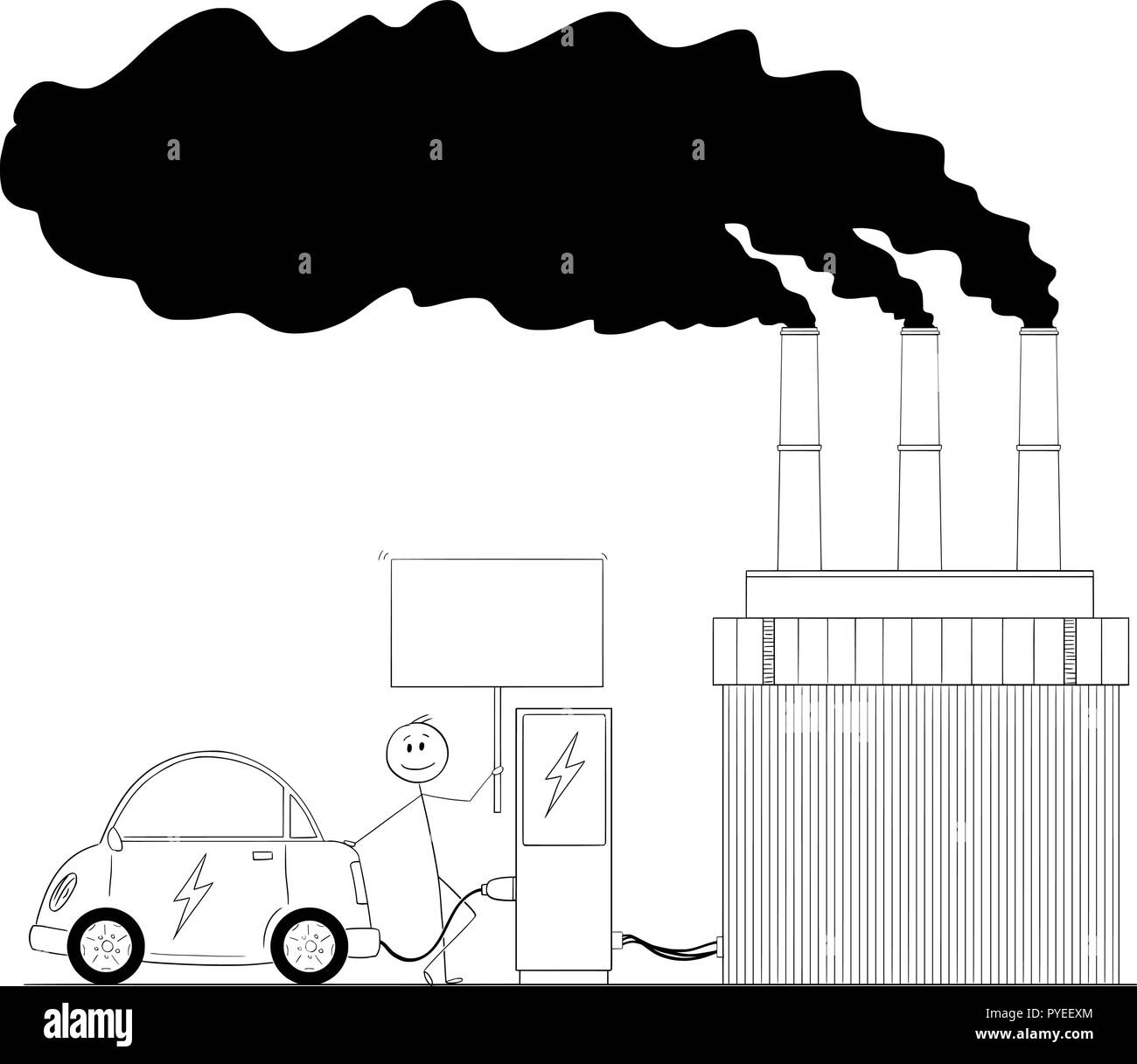 Caricature de l'homme voiture électrique de charge par le pouvoir à partir de la centrale de charbon Illustration de Vecteur