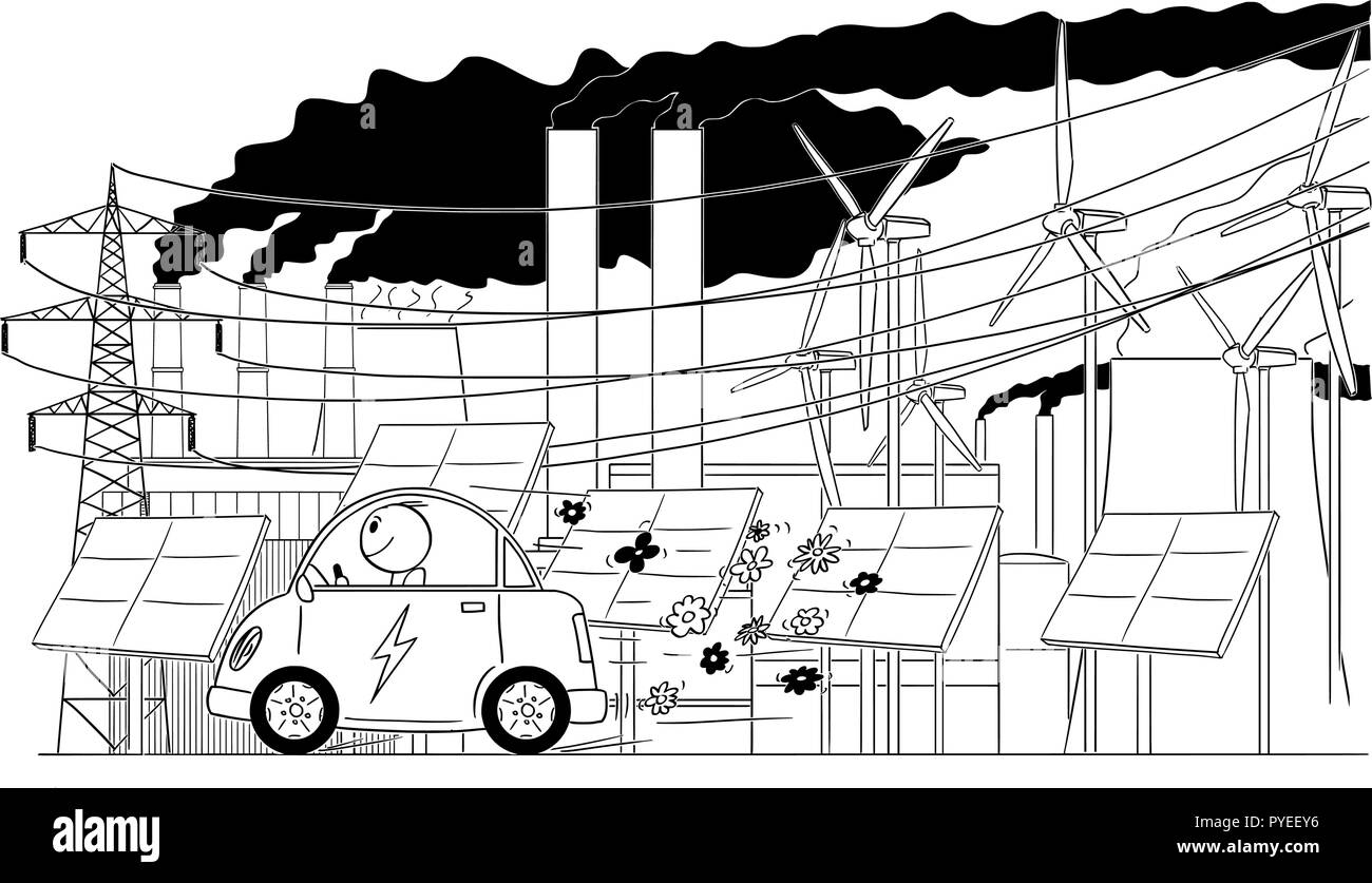 Caricature de l'homme monté sur la voiture électrique avec grille de fond sur l'infrastructure électrique Illustration de Vecteur