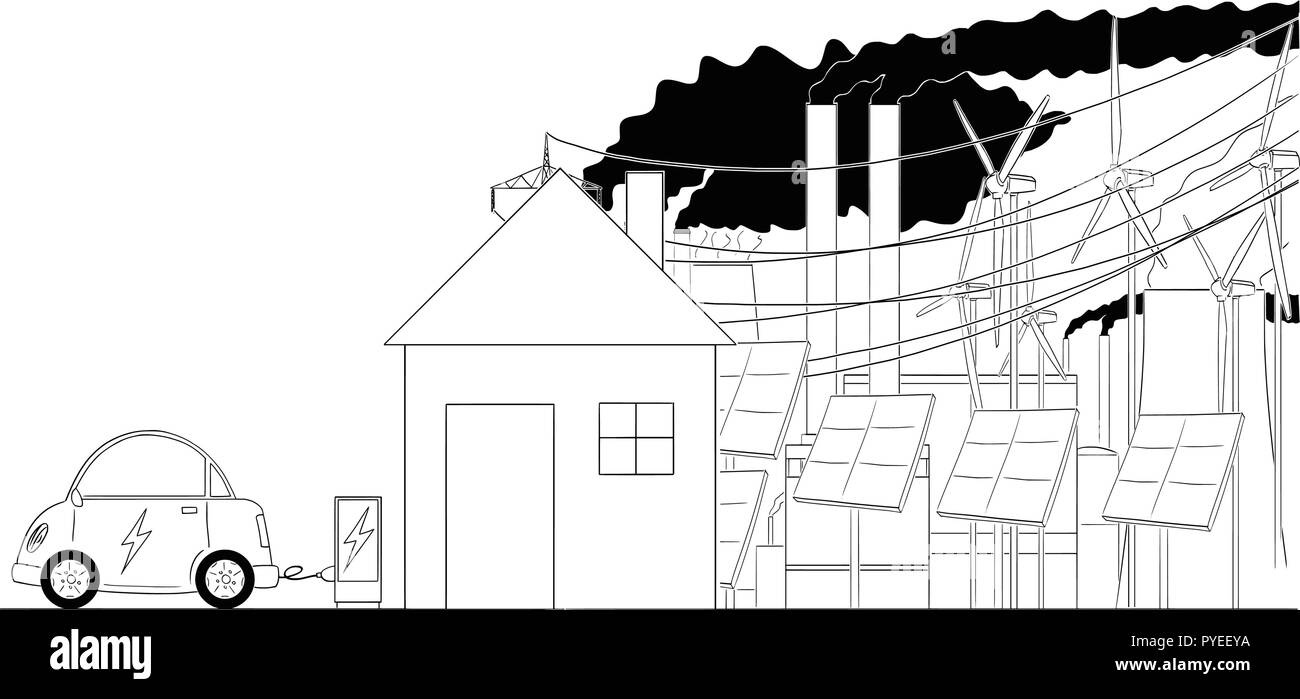 Caricature de la voiture électrique rechargée par maison familiale avec un arrière-plan sur l'Infrastructure du réseau électrique Illustration de Vecteur