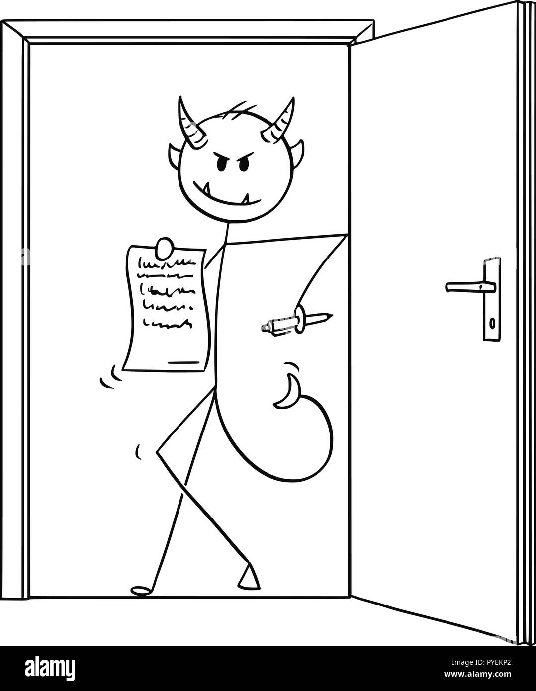 Caricature de Devil businessman standing in Door et offrant Contrat à signer Illustration de Vecteur