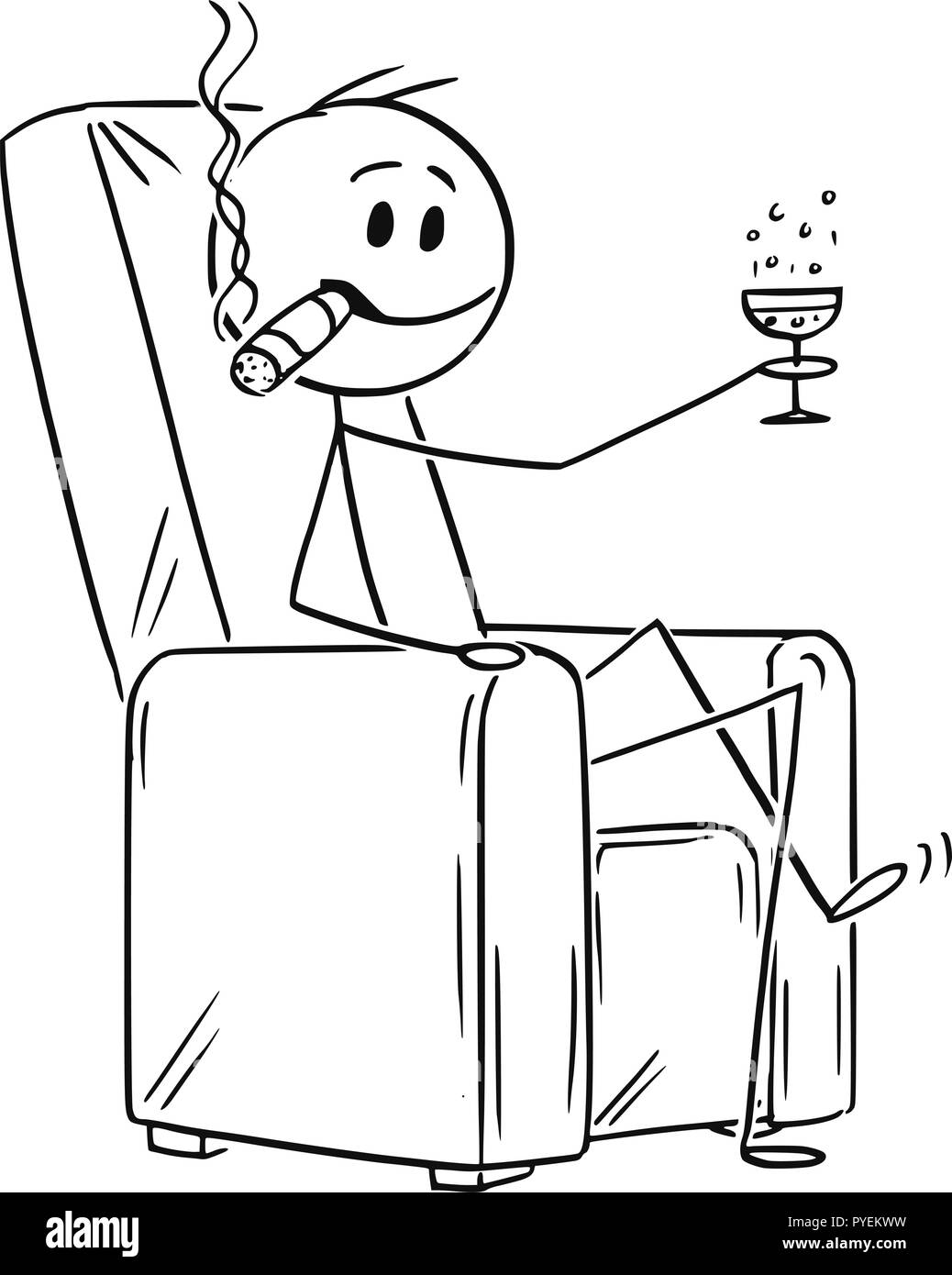 Caricature de l'homme ou homme heureux succès avec de gros cigare assis dans un fauteuil et la coupe de champagne ou de vin Illustration de Vecteur