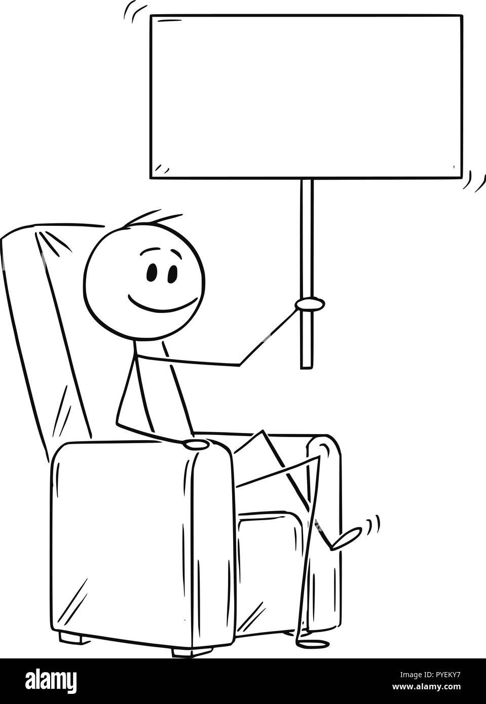 Caricature de l'homme heureux ou Businessman Sitting in Armchair and Holding Empty Sign Illustration de Vecteur
