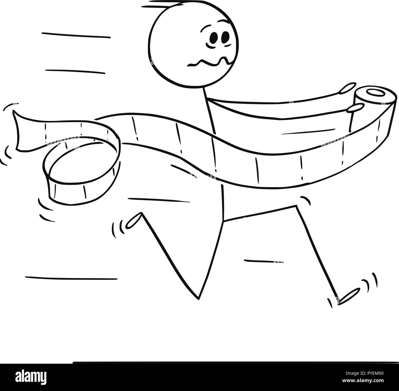 Caricature de l'homme fonctionnant en panique pour toilettes ou salle de bains ou douche avec du papier toilette dans la main Illustration de Vecteur