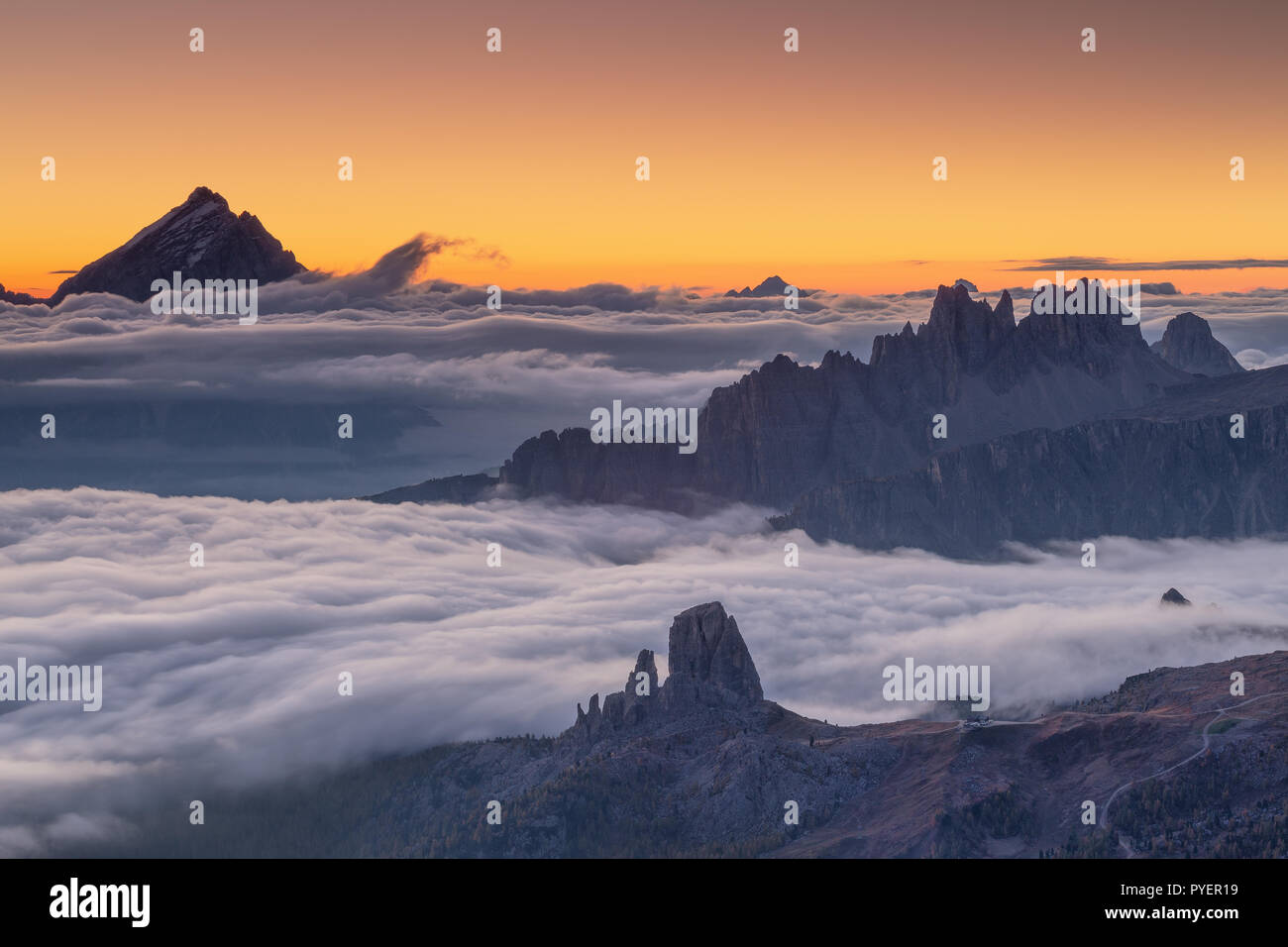 Les Dolomites à l'aube, marée de nuages. Les Dolomiti: Antelao, Croda da Lago, Cinque Torri. Vénétie, Alpes italiennes. Europe. Banque D'Images