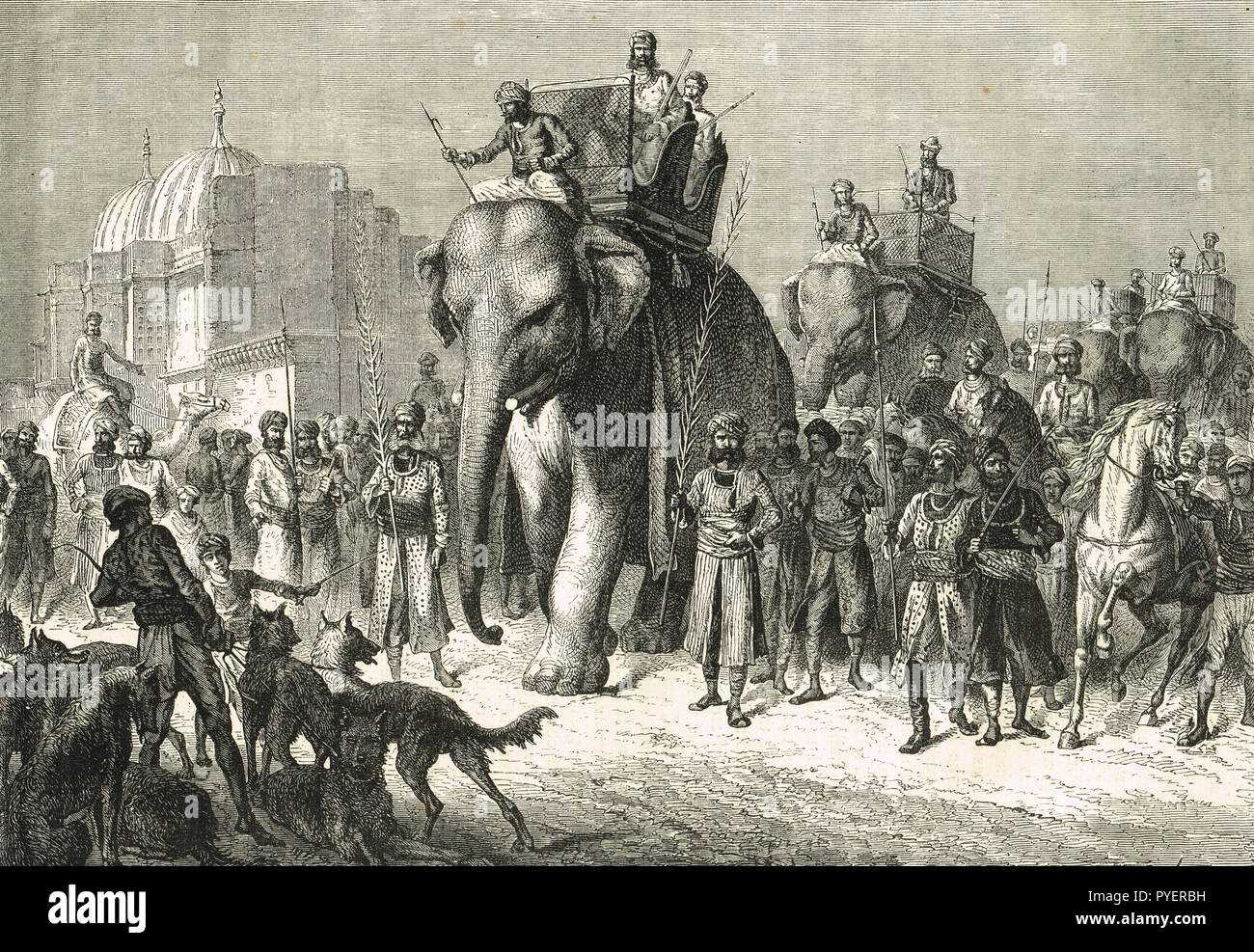 Cavalcade de partir pour une chasse au tigre, tigre de la chasse avec des éléphants, l'Inde au 19e siècle Banque D'Images
