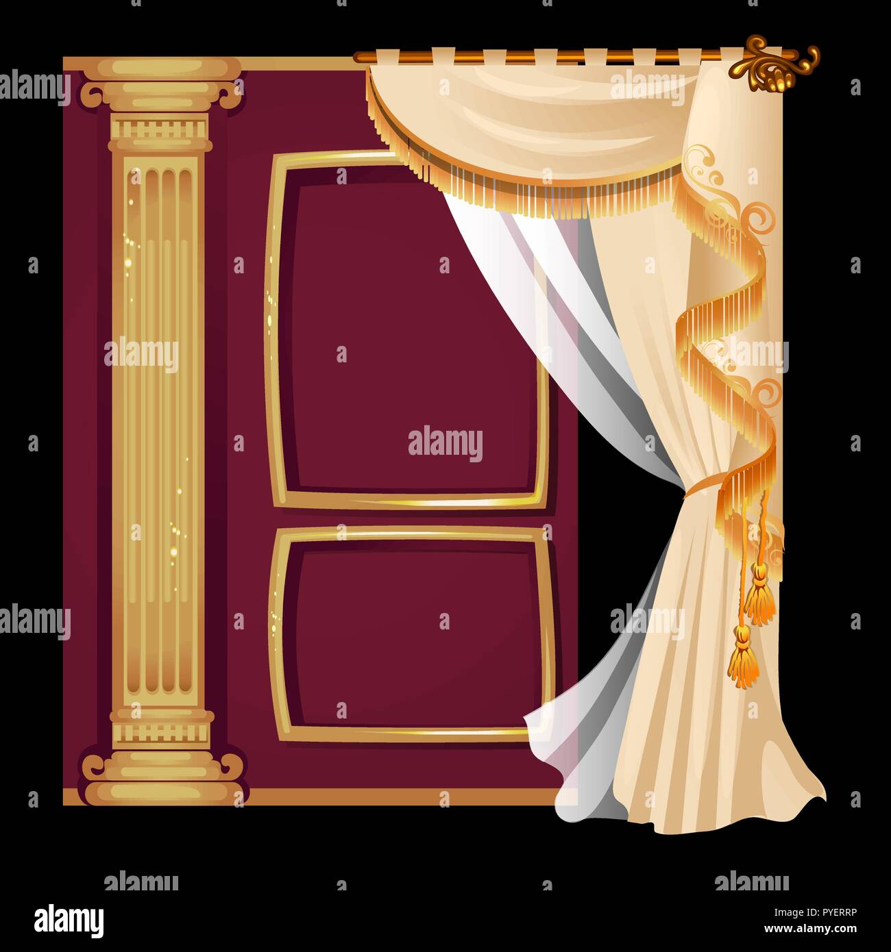 Vintage porte avec un rideau avec des ornements d'or isolé sur un fond noir. Vector illustration. Illustration de Vecteur