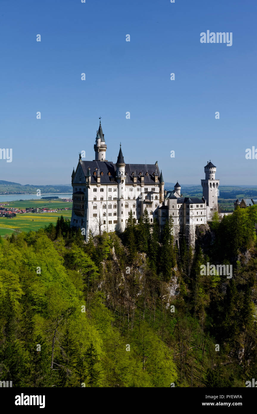 Château de Neuschwanstein dans les Alpes d'Ammergau, vu de Marienbrücke, près de Schwangau, Forggensee en arrière-plan, Allgäu, Bavière, Allemagne Banque D'Images