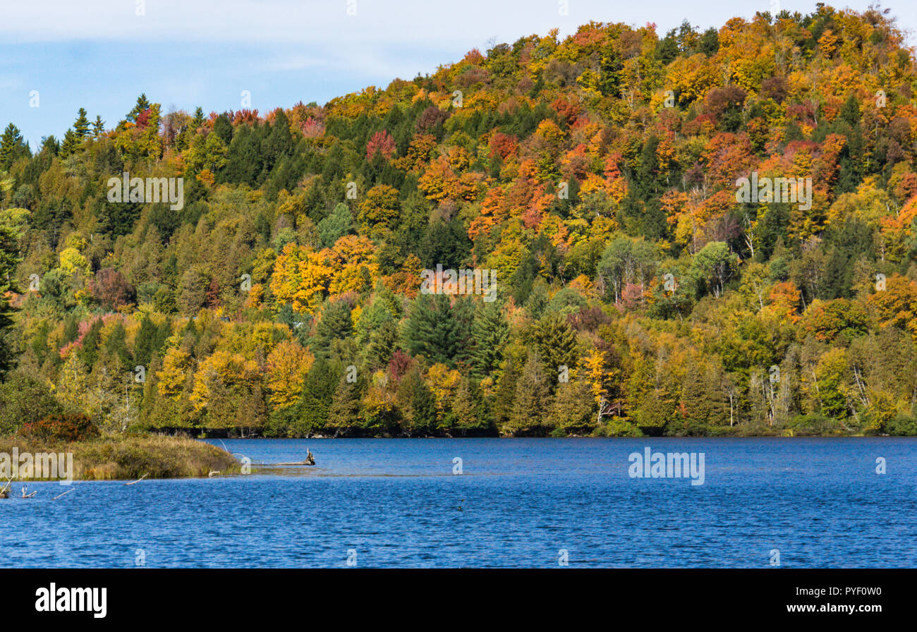 L'étang bleu avec hill sur la rive avec des couleurs de l'automne feuillage d'automne Banque D'Images