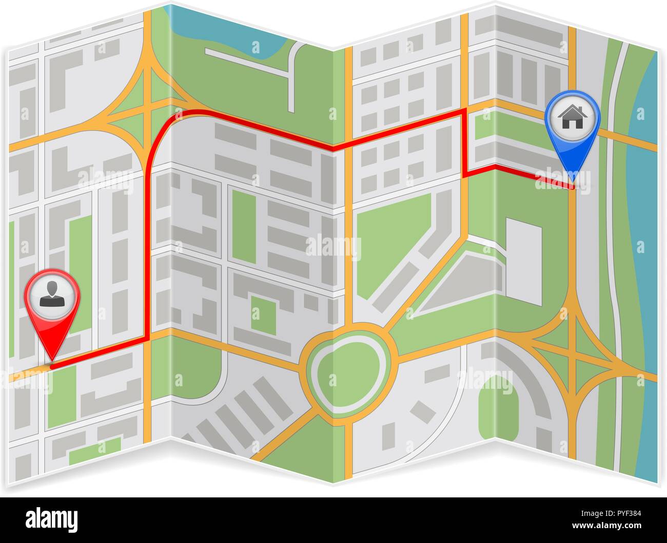 Résumé Plan de ville papier pliée avec route de destination Illustration de Vecteur
