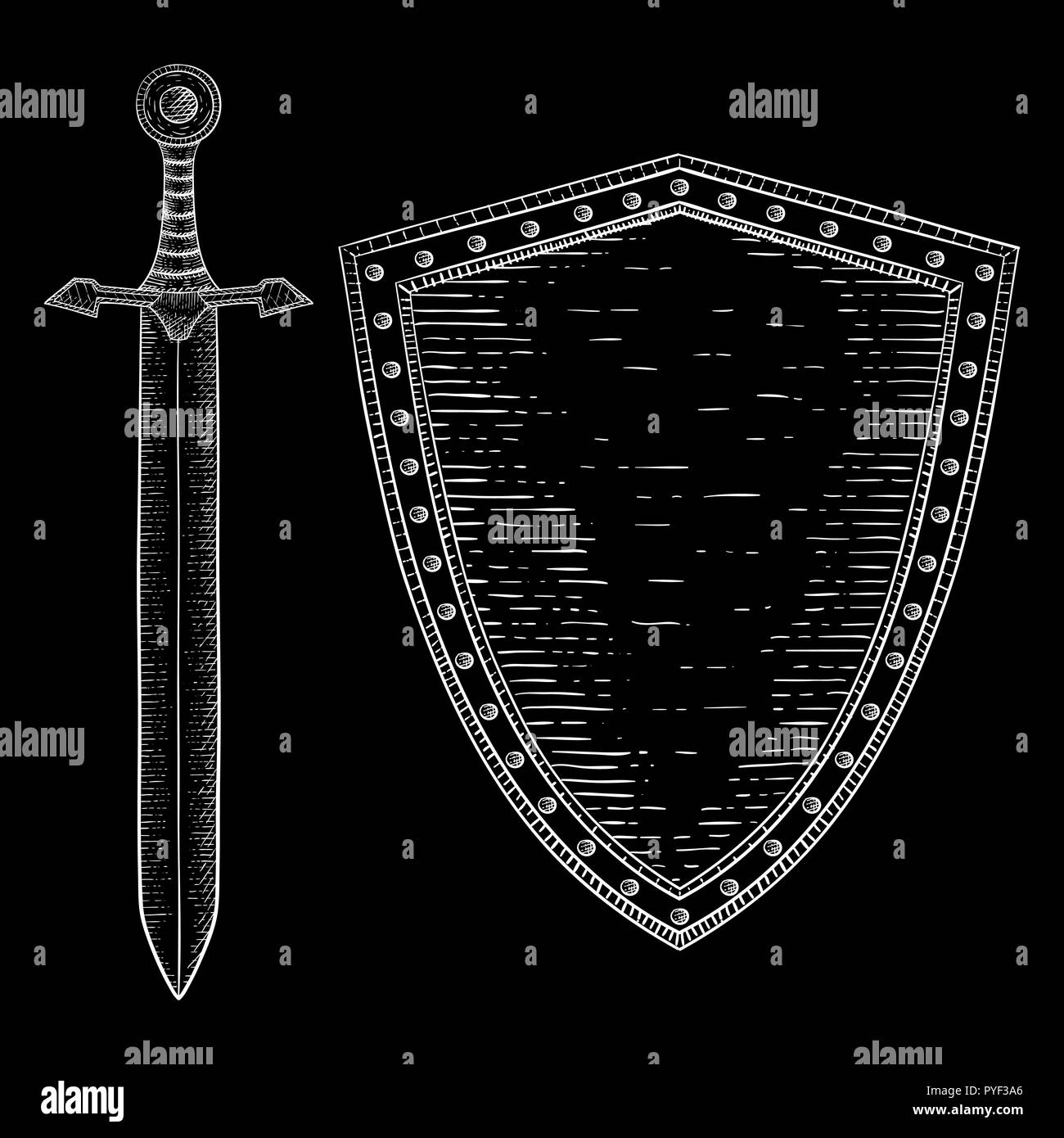 Le bouclier et l'épée. Hand drawn blanc sur fond noir Illustration de Vecteur