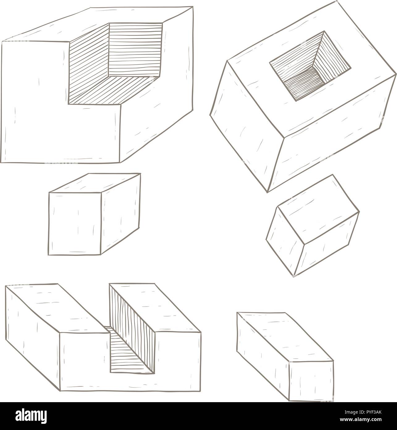 Les figures géométriques. Formes de cube. Croquis dessinés à la main, Illustration de Vecteur