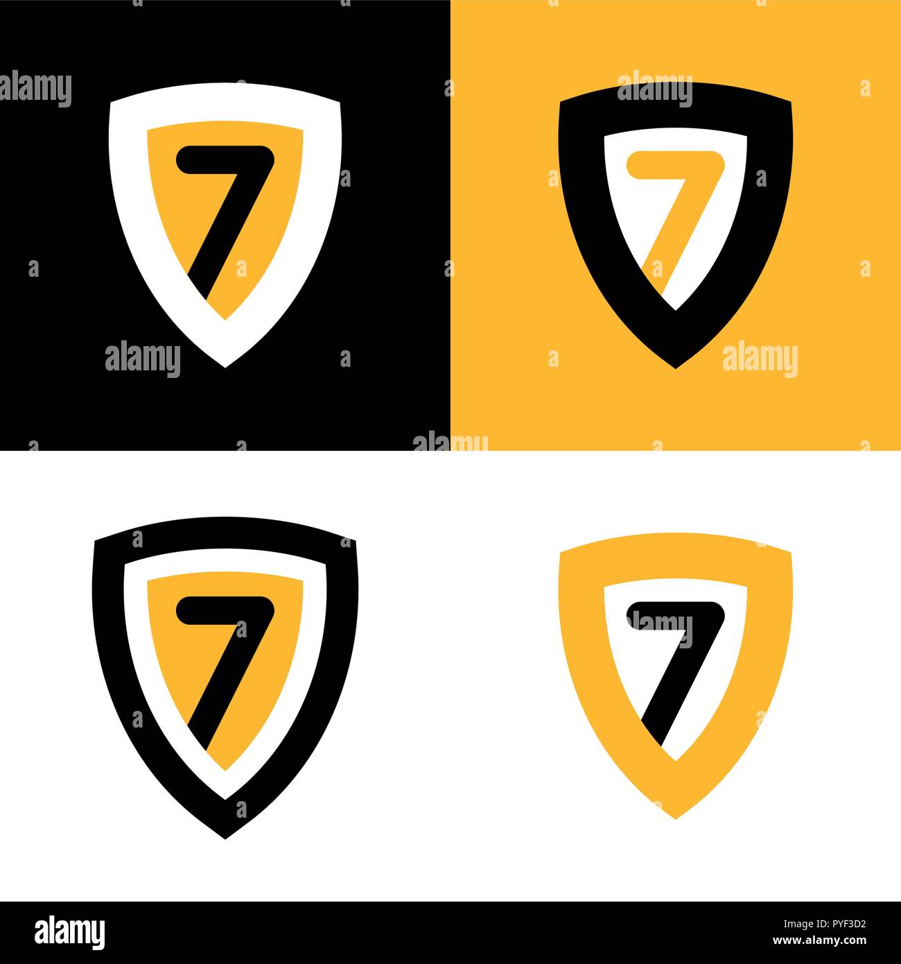 Ensemble de logo Vector en noir, jaune et blanc. Shield Badge avec sept. Illustration de Vecteur