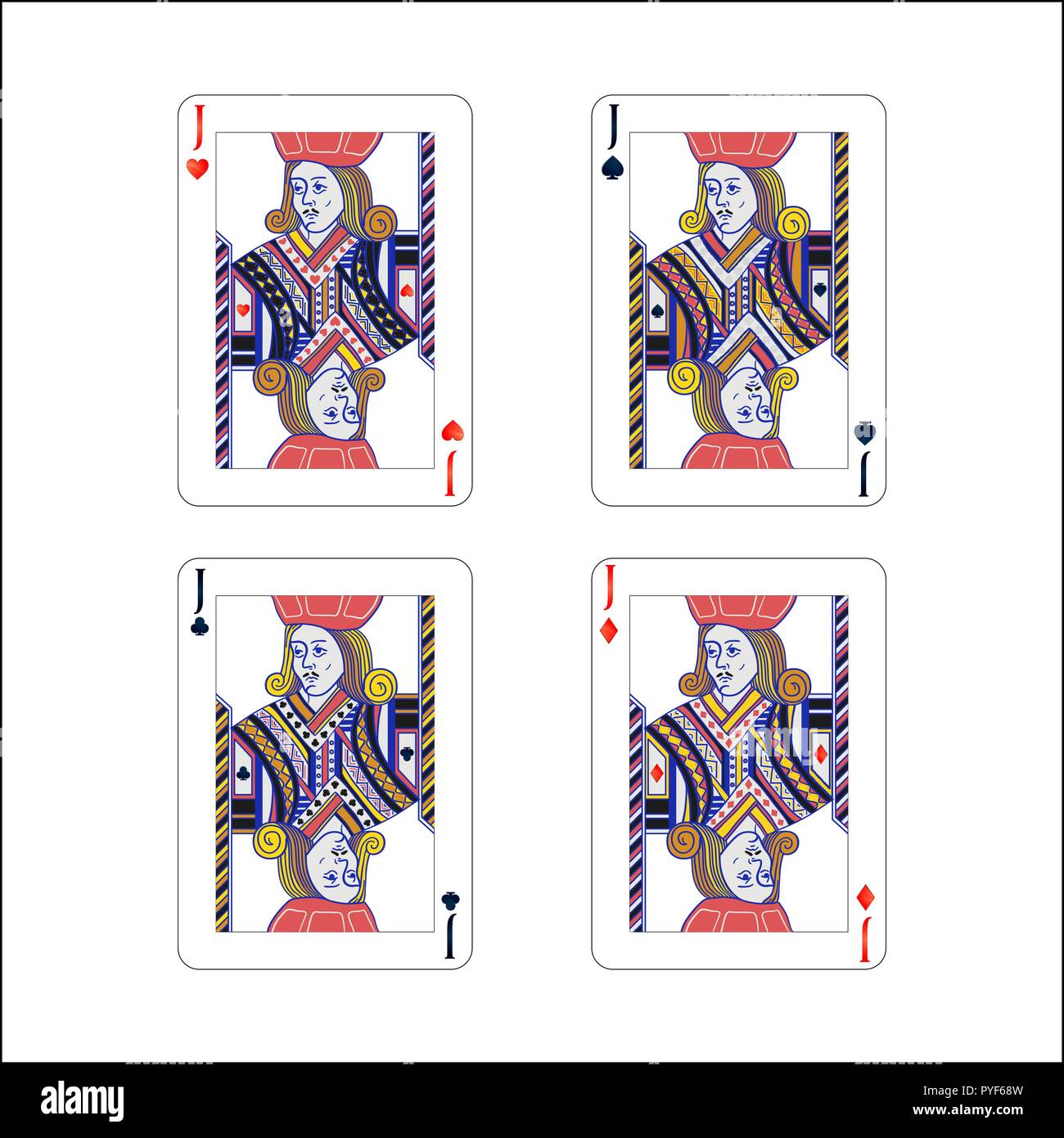 Jeu de jack jeu de carte avec différents costumes comme des diamants, des clubs, des coeurs et piques on white Illustration de Vecteur