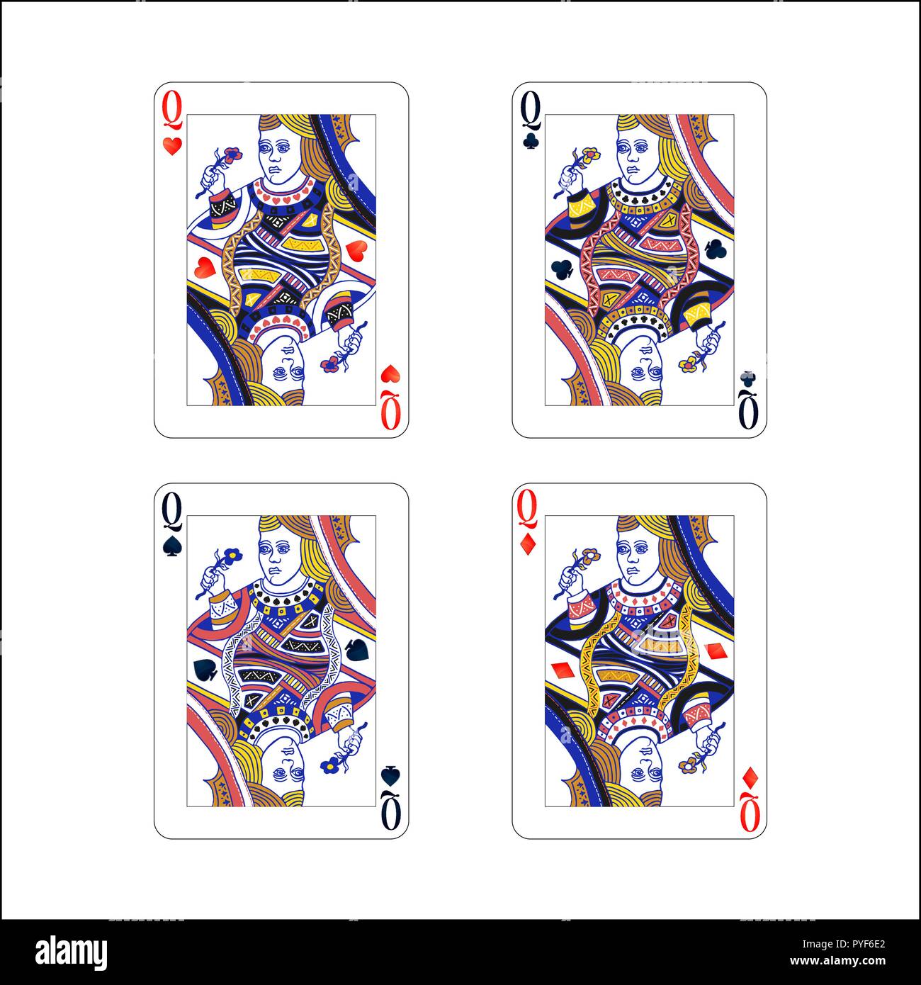 Ensemble de cartes à jouer la reine avec différents costumes comme des diamants, des clubs, des coeurs et piques on white Illustration de Vecteur