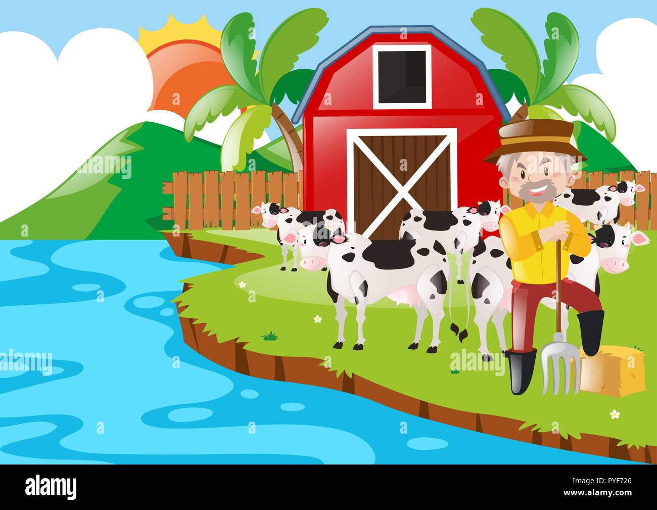 Farmer et vaches dans la ferme illustration Illustration de Vecteur