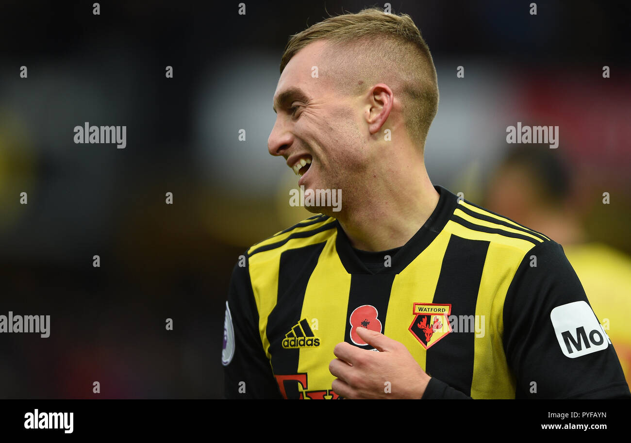 Gerard Deulofeu du Watford célèbre marquant son deuxième but de côtés du jeu pendant la Premier League match à Vicarage Road, Watford. Banque D'Images