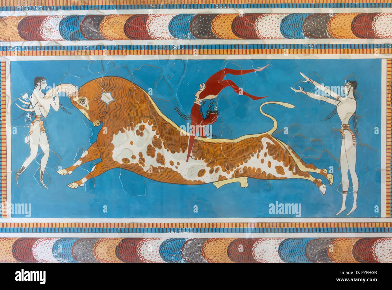Bull-leaping fresco, Palais Minoen de Knossos, Héraklion (Irakleio), Région Irakleio, Crète, Grèce (Crète) Banque D'Images