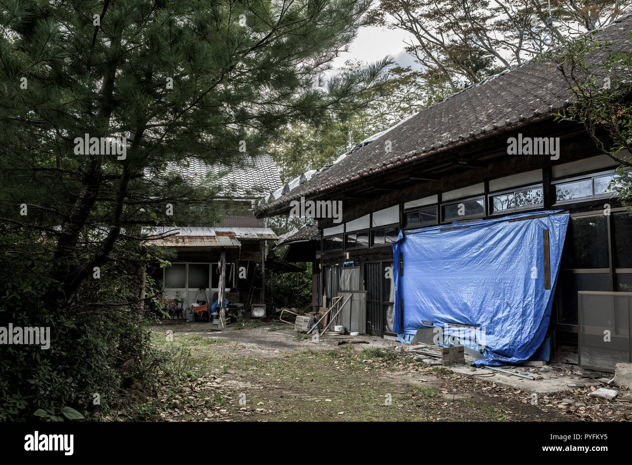 Ville abandonnée de Futaba, près de la centrale de Fukushima Banque D'Images