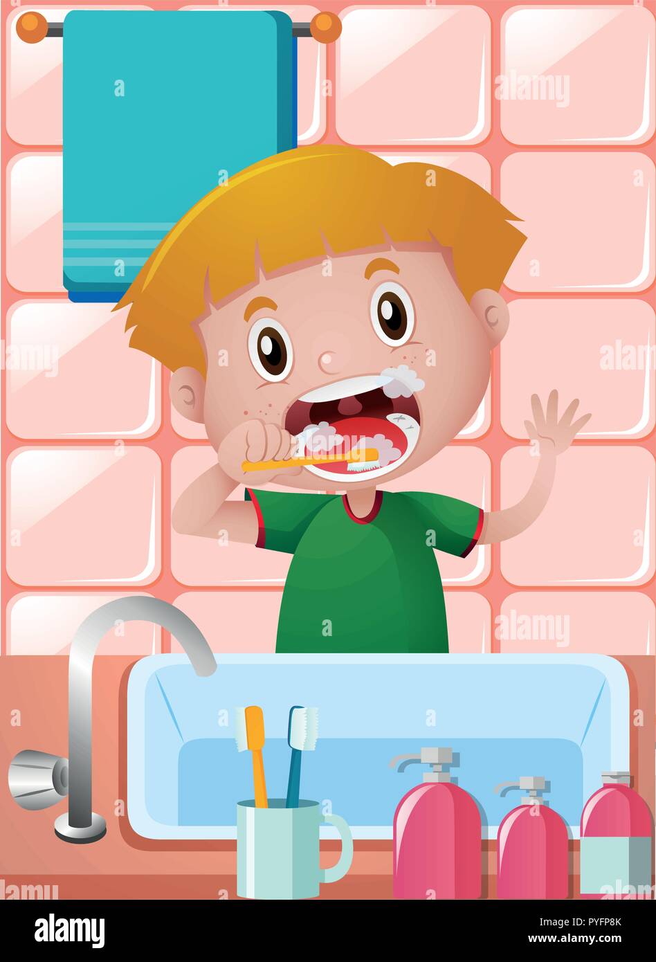 Petit garçon se brosser les dents dans la salle de bains illustration Illustration de Vecteur