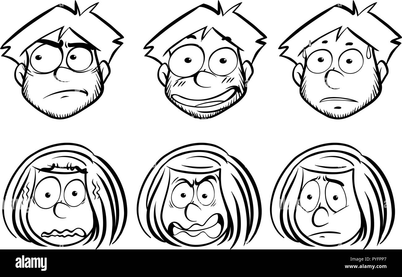 L'homme et la femme avec différentes expressions du visage illustration ...