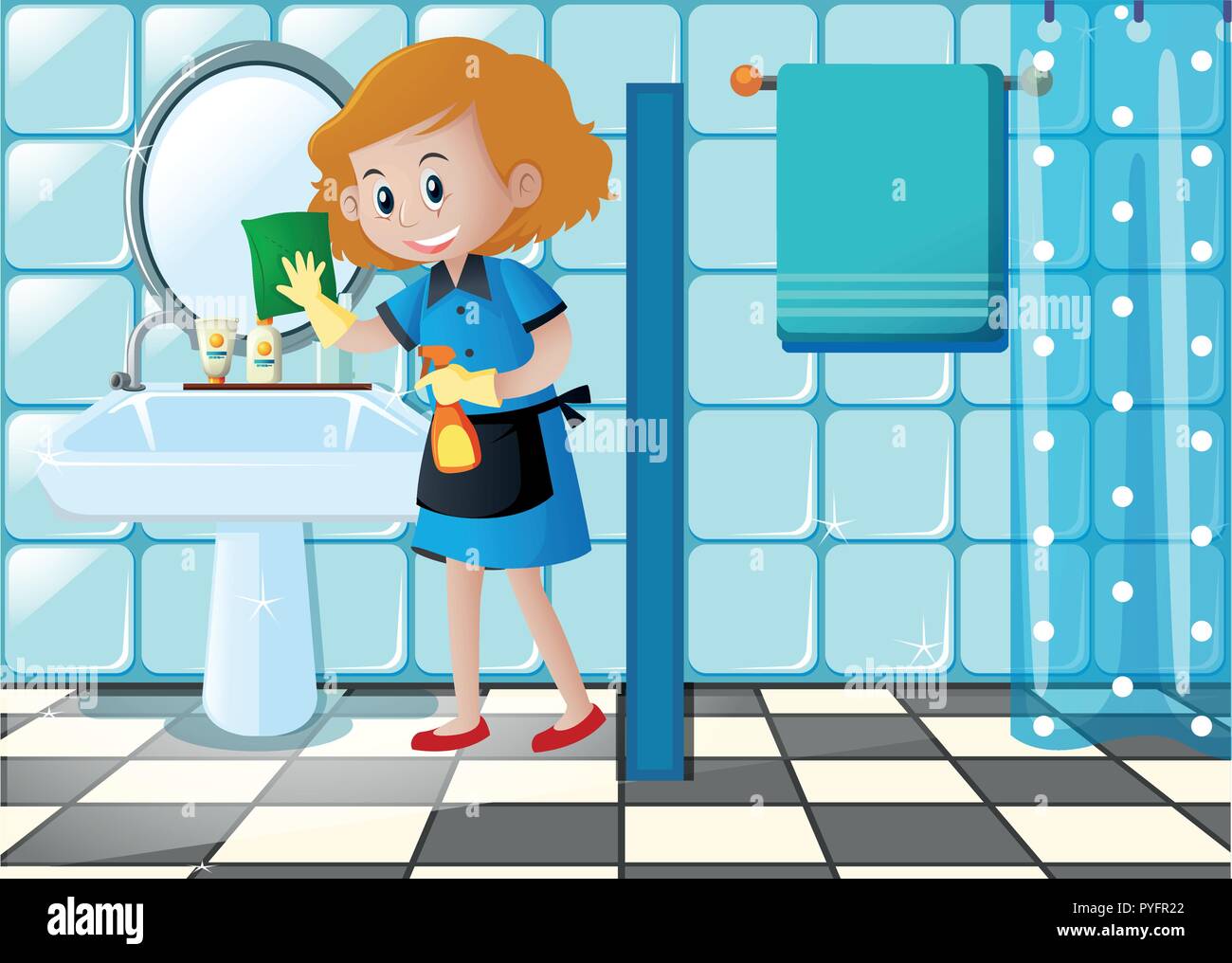 Femme en train de nettoyer le lavabo dans les toilettes illustration Image  Vectorielle Stock - Alamy