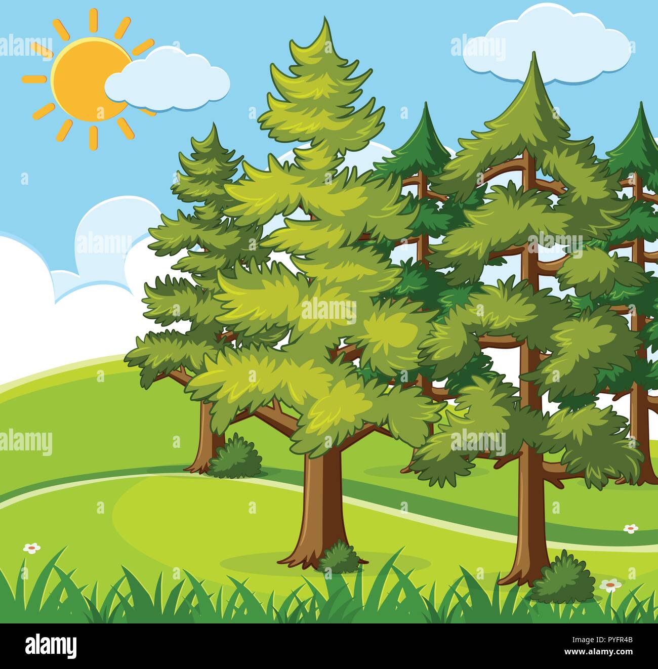 Scène d'arrière-plan avec des pins sur l'illustration sur le terrain Illustration de Vecteur