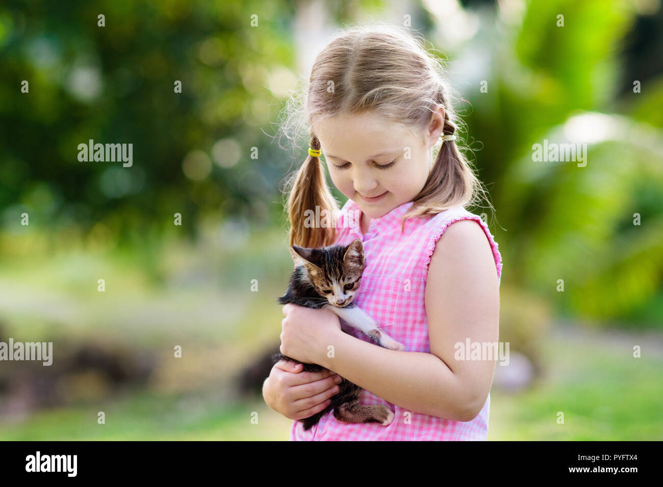 Enfant Tenant Bebe Chat Des Enfants Et Des Animaux De Compagnie Little Girl Hugging Mignon Petit Chaton Au Jardin D Ete Animal Domestique Dans Les Familles Avec Enfants Les Enfants Atteints D Hom Photo