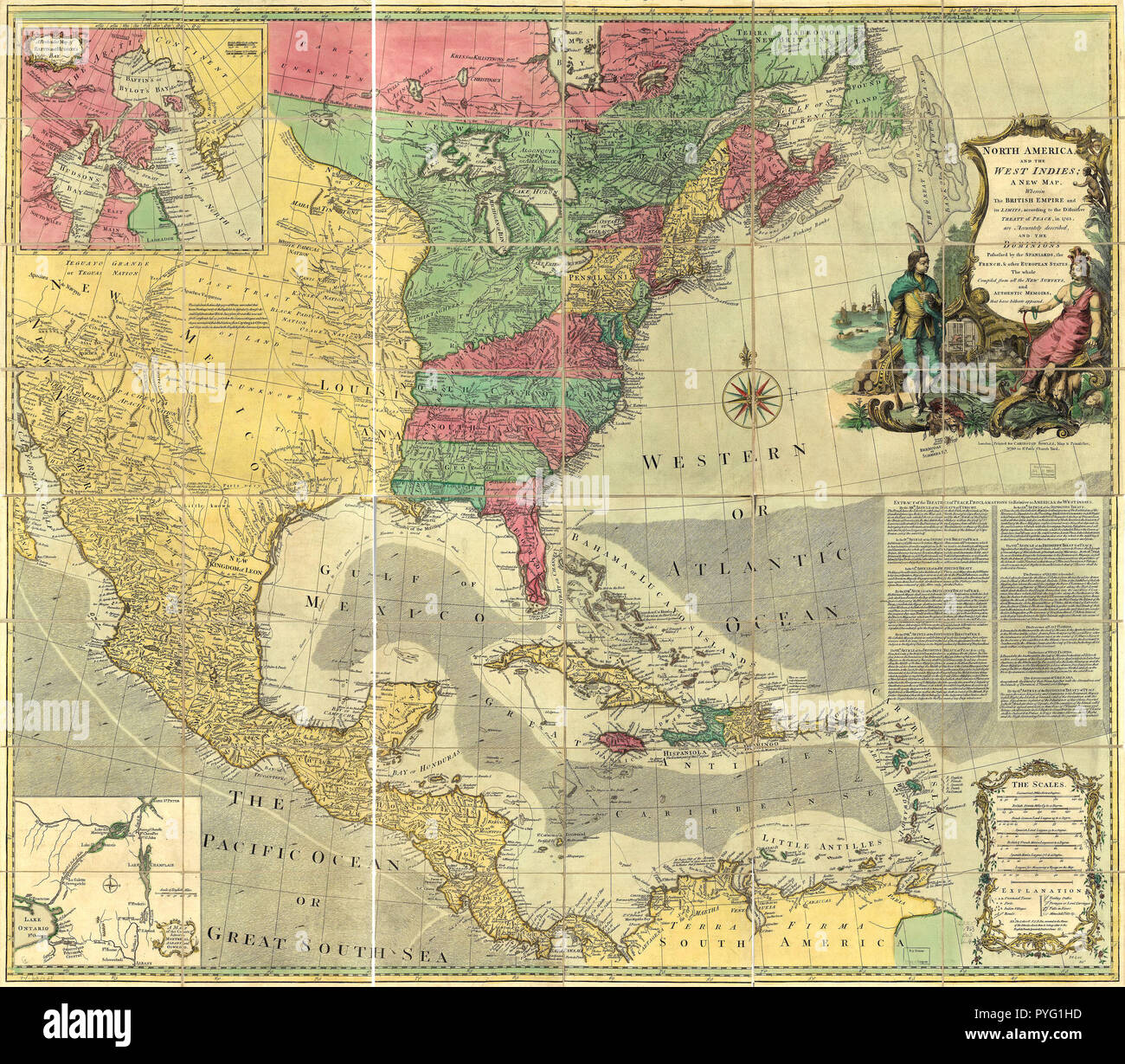 Vintage Maps / Cartes anciennes - Amérique du Nord et les Antilles ; une nouvelle carte, où l'Empire britannique et ses limites, selon le traité de paix définitif, en 1763, sont décrites avec précision, et les dominions possédés par les Espagnols, les Français, et d'autres États européens. ca. 1774 Banque D'Images